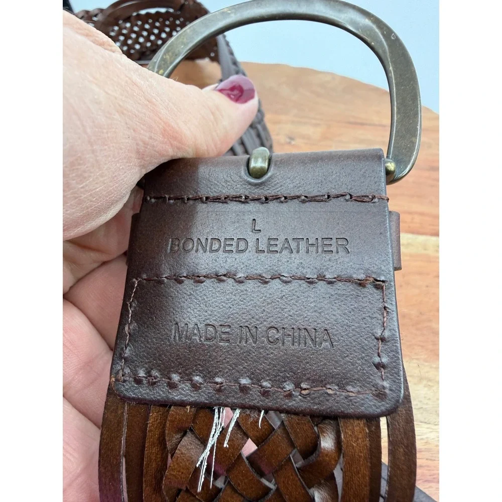 Unbranded Woven Braided Belt Womens Large Brown Bonded Leather Wide Waist